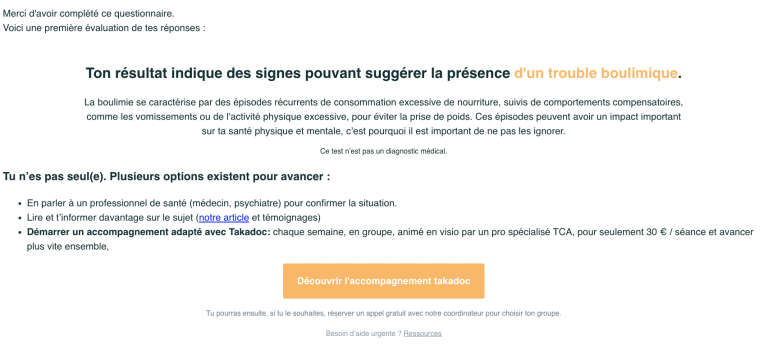 Illustration du résultat obtenu à l'issu du test diagnostic TCA