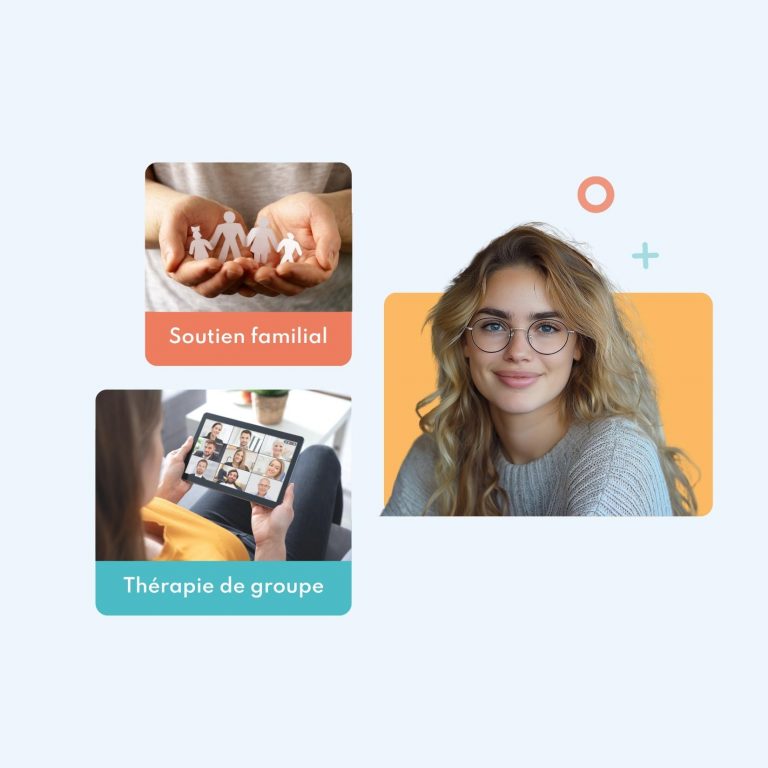 Illustration de thérapie de groupe en ligne et soutien familial proposés par Takadoc pour les troubles alimentaires.